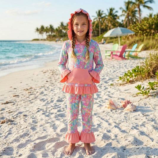 GLP3519 Seaweed Pink Hoodie Top Pants Girls Fall Ruffle Clothes Set