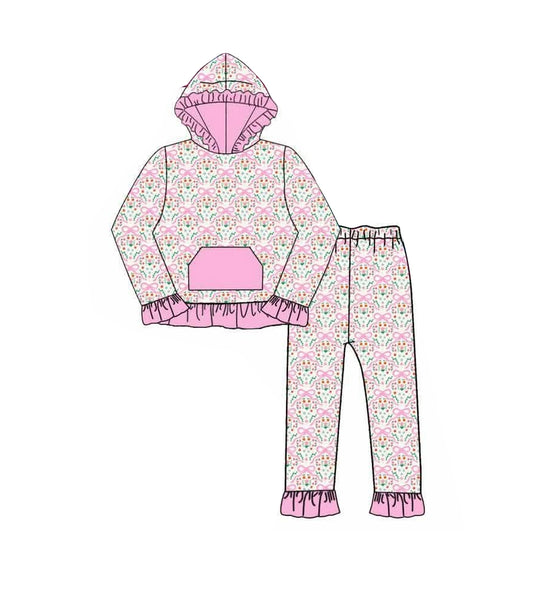 7.20 GLP3520 Preorder Flowers Bows Pink Hoodie Top Pants Girls Fall Clothes Set