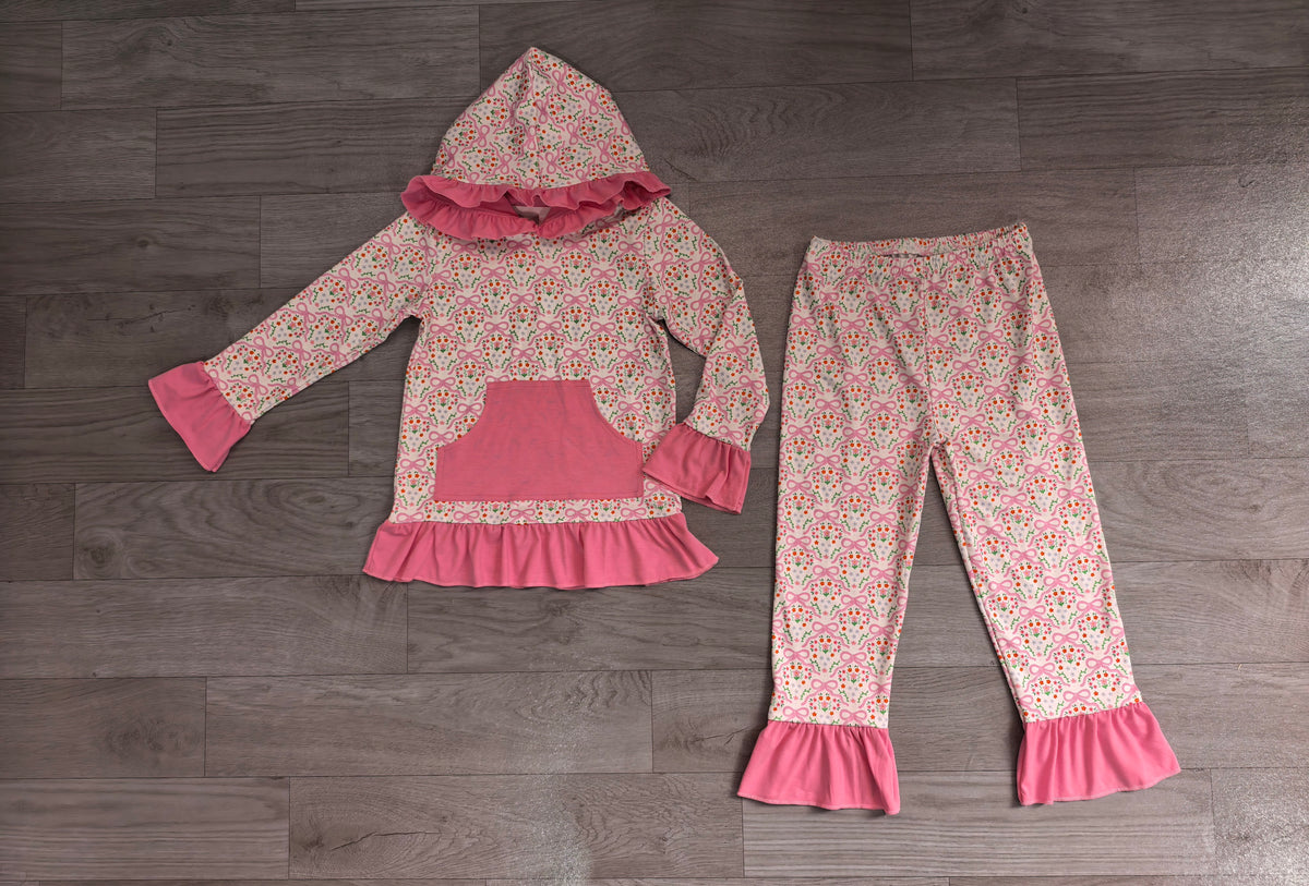 7.20 GLP3520 Preorder Flowers Bows Pink Hoodie Top Pants Girls Fall Clothes Set