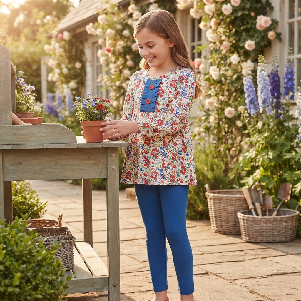 GLP3522 Colorful Small Flowers Tunic Top Blue Legging Pants Girls Clothes Set