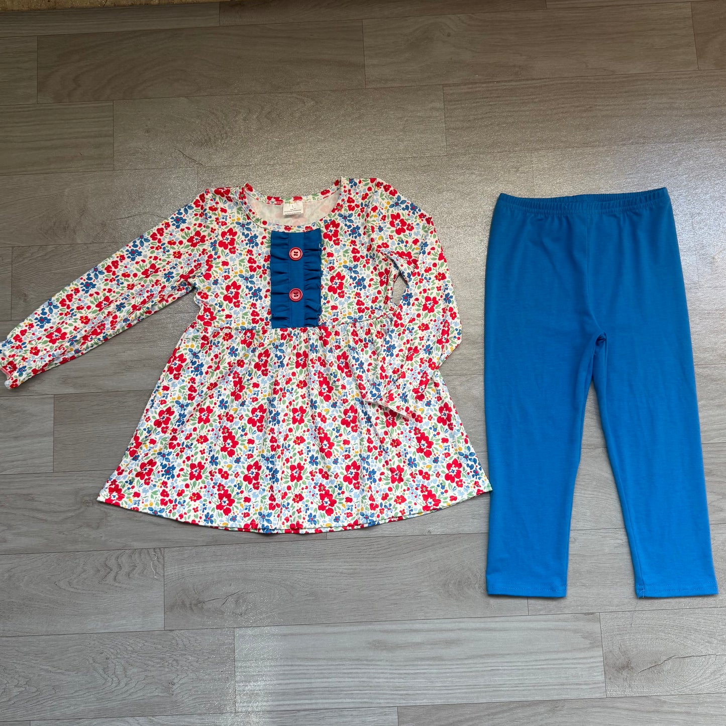 7.20  GLP3522 Preorder Flowers Tunic Top Navy Legging Pants Girls Clothes Set