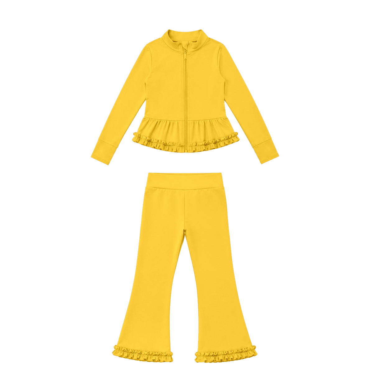7.21 GLP3525 Preorder Yellow Color Zipper Ruffle Top Bell Pants Girls Yoga Clothes Set
