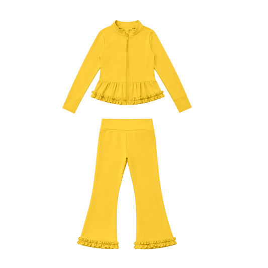 7.21 GLP3525 Preorder Yellow Color Zipper Ruffle Top Bell Pants Girls Yoga Clothes Set