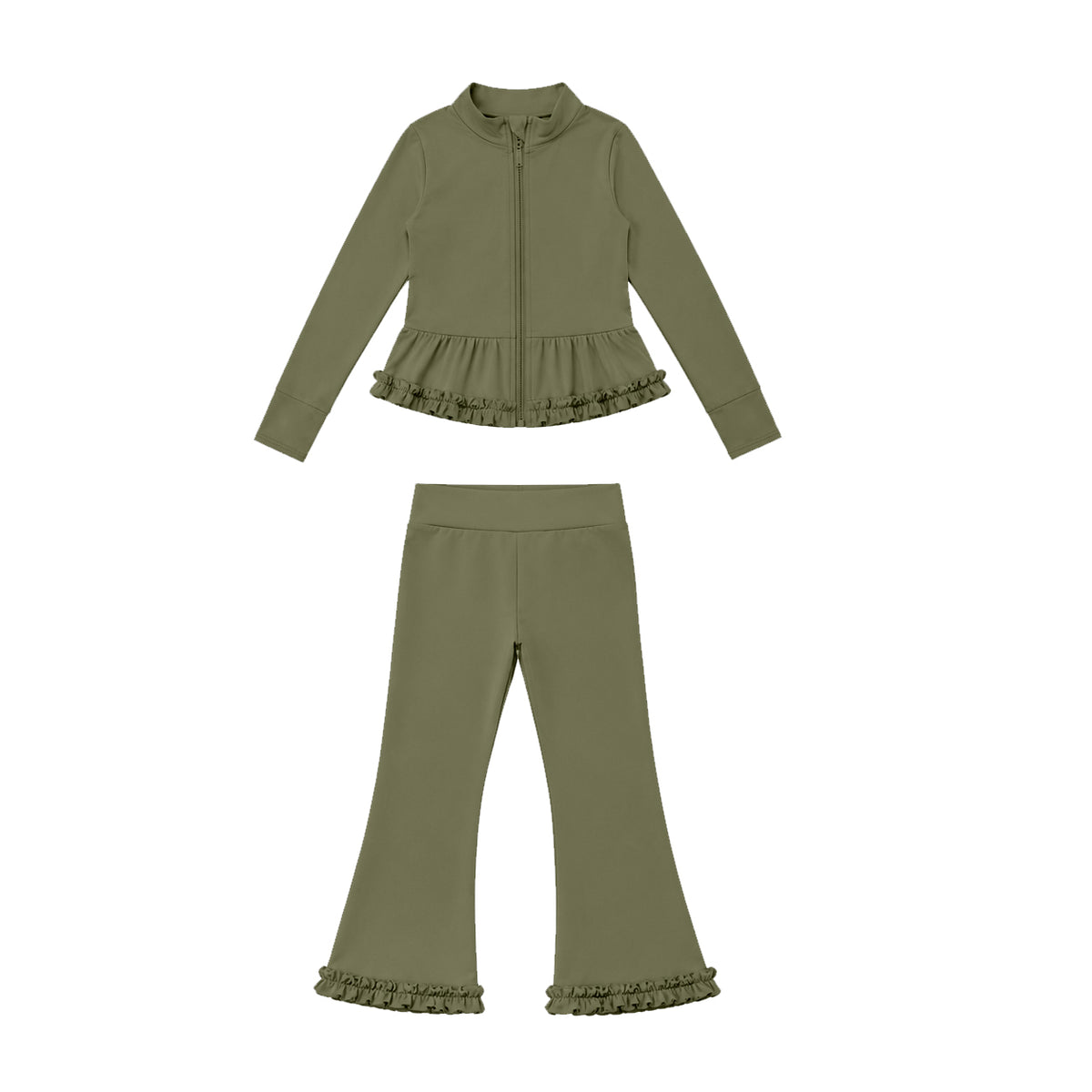 7.21 GLP3527 Preorder Dark Green Color Zipper Ruffle Top Bell Pants Girls Yoga Clothes Set