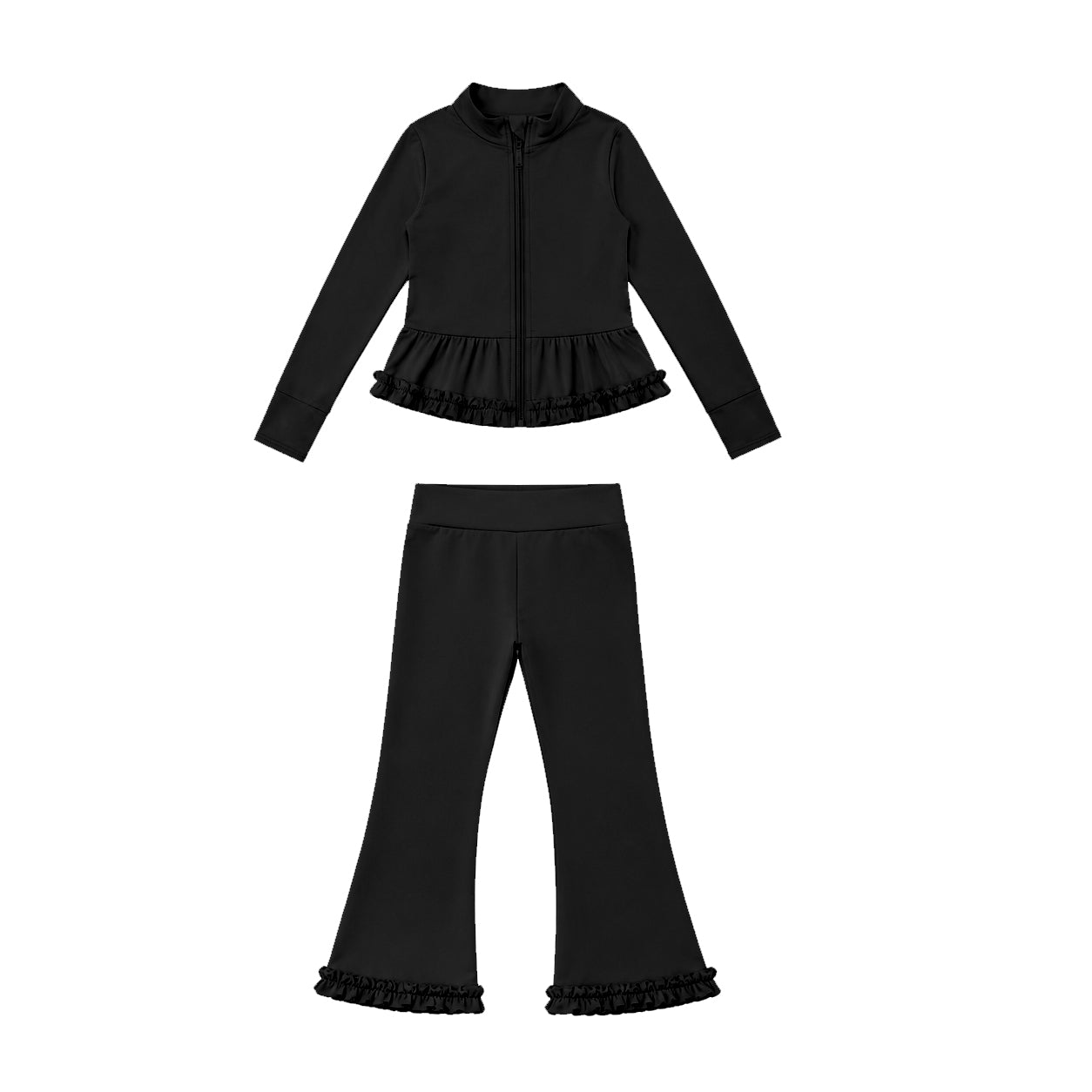 7.21 GLP3529 Preorder Black Color Zipper Ruffle Top Bell Pants Girls Yoga Clothes Set