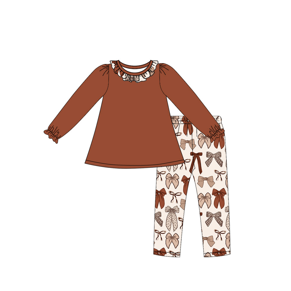 7.23 GLP3530 Preorder Brown Tunic Top Bows Legging Pants Girls Fall Clothes Set