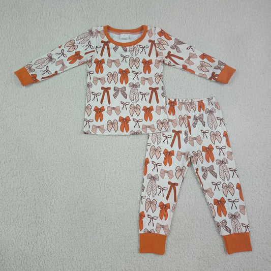 Sibling Baby Girls Fall Bows Long Sleeve Top Pants Pajama Set Zipper Romper