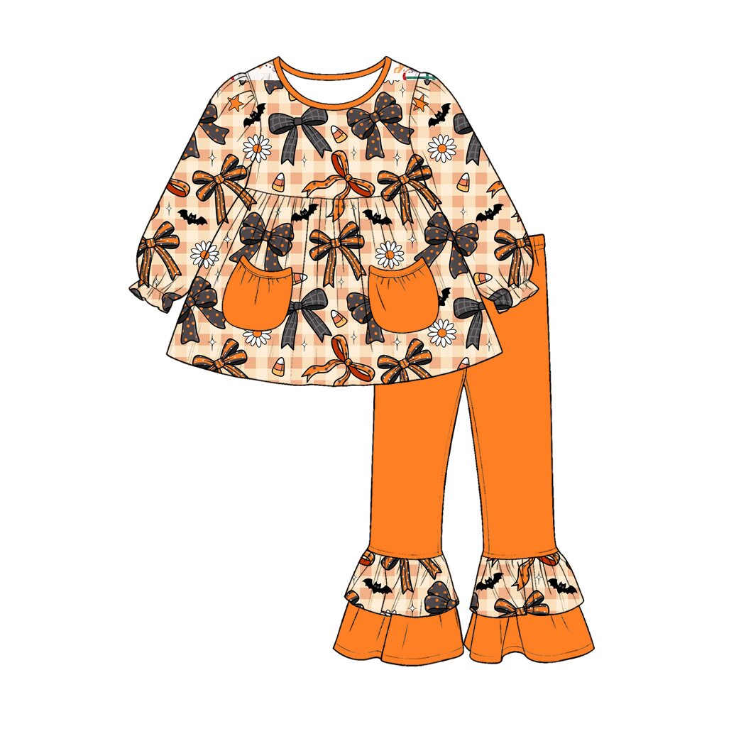 7.23 Preorder Baby Girls Halloween Bow Tunic Top with Pants Outfit