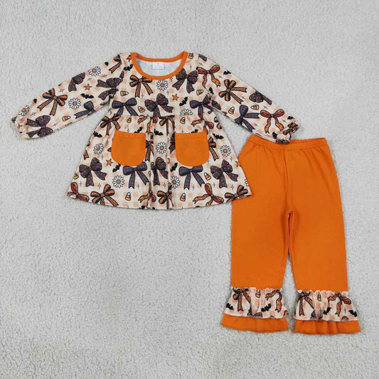 GLP3534 Bows Candy Flowers Bat Print Pockets Tunic Top Ruffle Orange Pants Girls Halloween Clothes Set