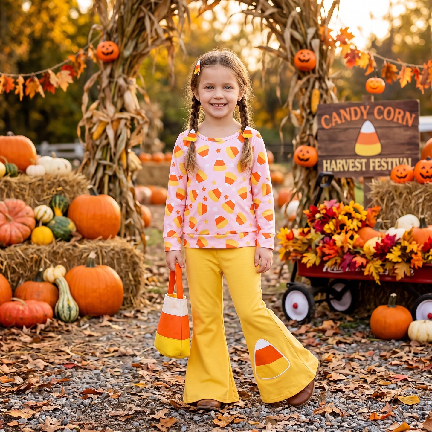 GLP3535 Candy Stars Top Orange Bell Pants Girls Halloween Clothes Set