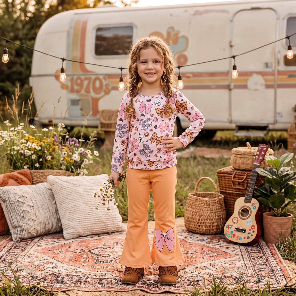 GLP3536 Skull Flowers Bows Top Orange Bell Pants Girls Halloween Clothes Set