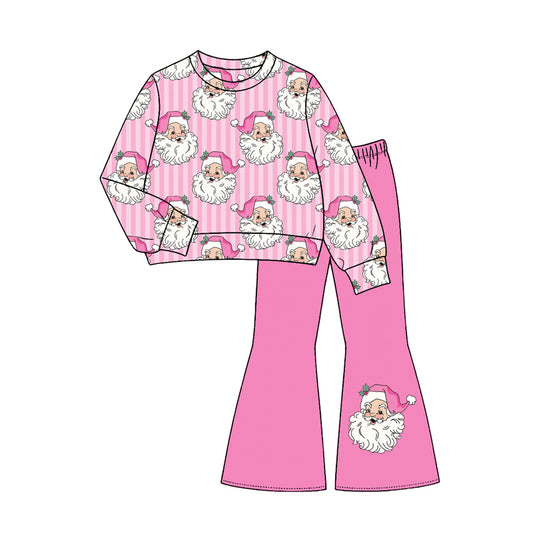 7.24 GLP3538 Preorder Santa Stripes Top Pink Bell Pants Girls Christmas Clothes Set