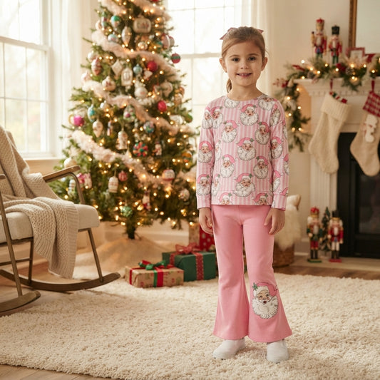 GLP3538 Santa Stripes Top Pink Bell Pants Girls Christmas Clothes Set