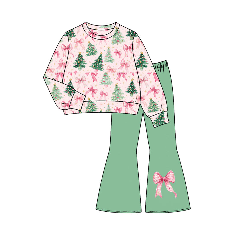 7.24 GLP3539 Preorder Tree Bows Top Green Bell Pants Girls Christmas Clothes Set