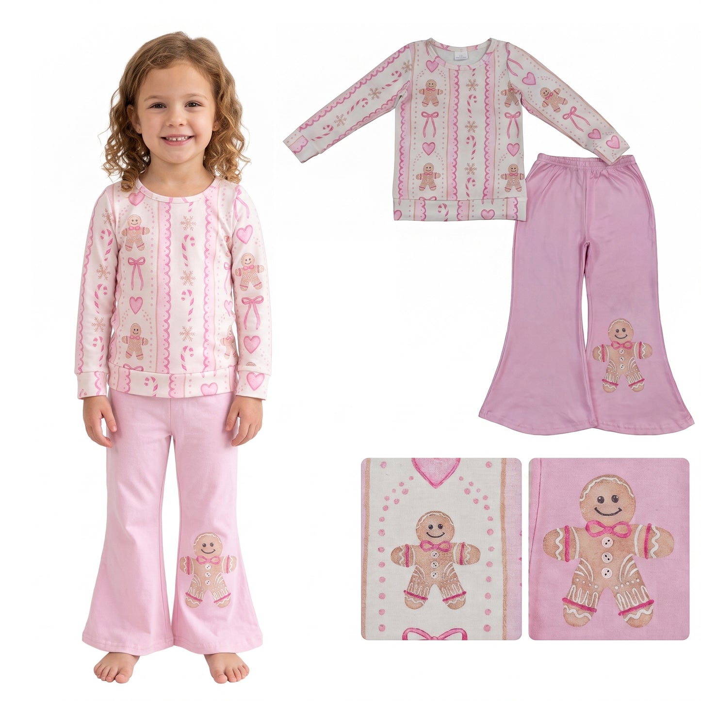 GLP3540 Gingerbread Bows Top Pink Bell Pants Girls Christmas Clothes Set
