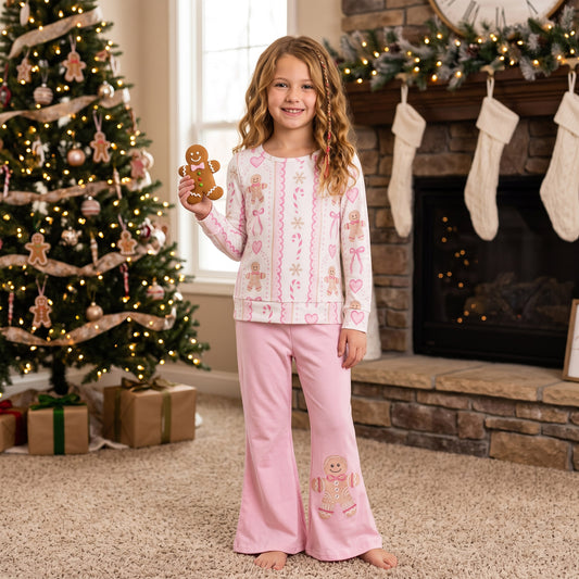 GLP3540 Gingerbread Bows Top Pink Bell Pants Girls Christmas Clothes Set