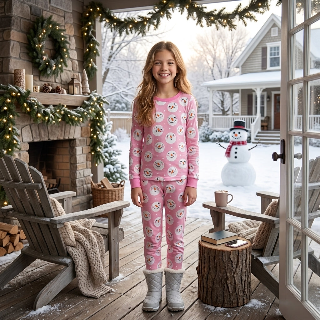 GLP3543 Snowman Smiling Pink Print Girls Christmas Pajamas Clothes Set