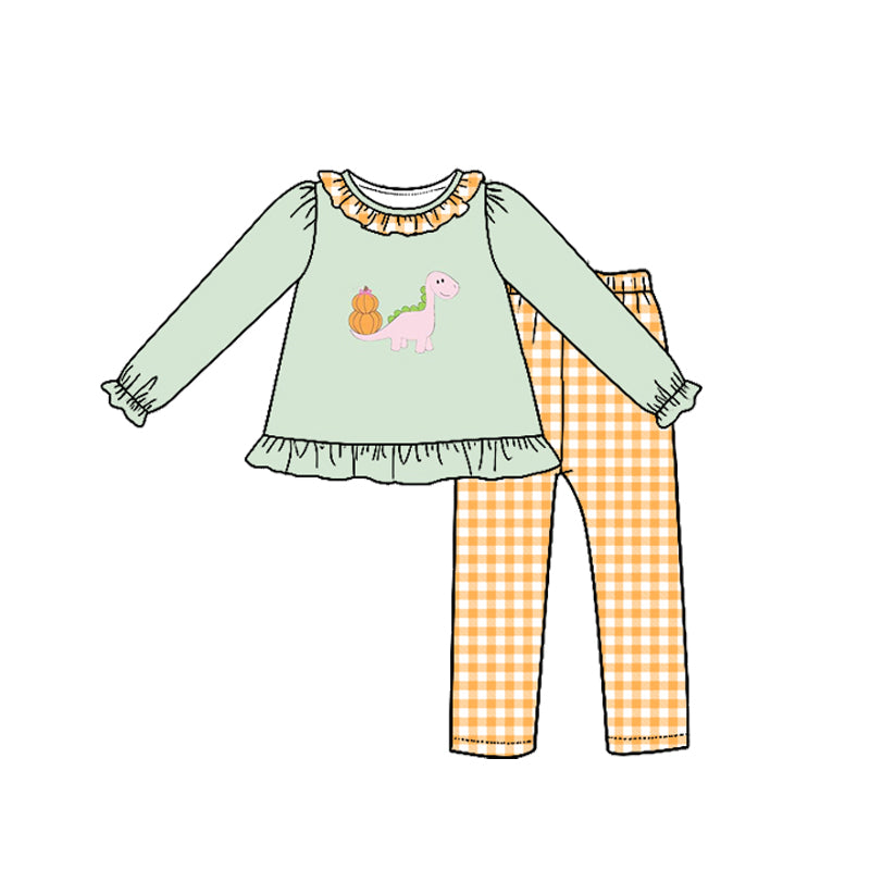 7.27 GLP3544 Preorder Dino Pumpkin Top Checkered Pants Girls Fall Clothes Set