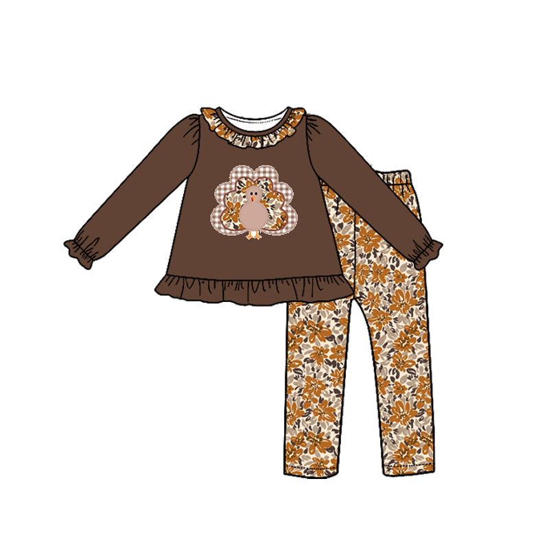 7.27 GLP3545 Preorder Turkey Brown Top Flowers Pants Girls Thanksgiving Clothes Set