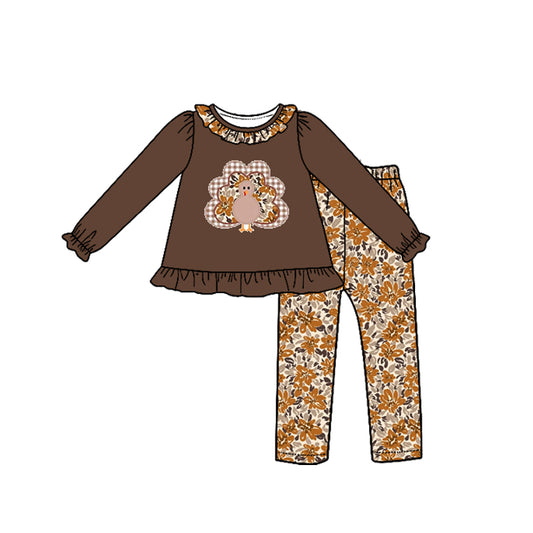 7.27 GLP3545 Preorder Turkey Brown Top Flowers Pants Girls Thanksgiving Clothes Set