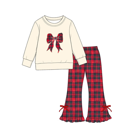 7.27 GLP3547 Preorder Bow Top Red Checkered Bell Pants Girls Christmas Clothes Set