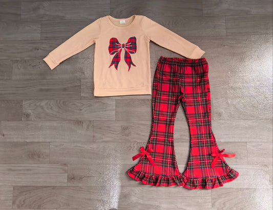 7.27 GLP3547 Preorder Bow Top Red Checkered Bell Pants Girls Christmas Clothes Set