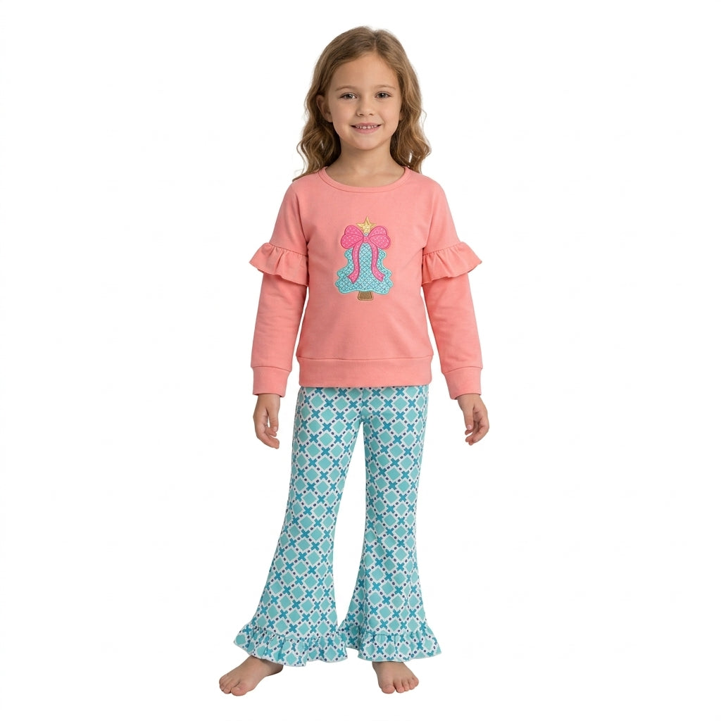 GLP3548 Bow Tree Embroidery Pink Top Checkered Bell Pants Girls Christmas Clothes Set