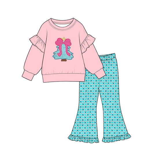 7.27 GLP3548 Preorder Bow Tree Pink Top Checkered Bell Pants Girls Christmas Clothes Set