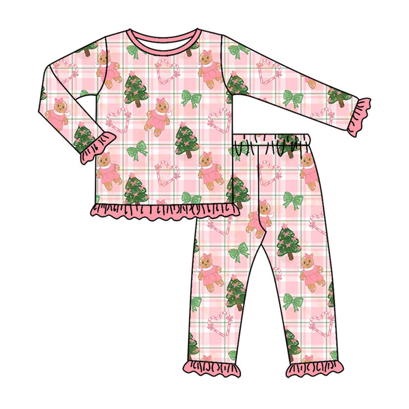 7.28 GLP3550 Preorder Gingerbread Tree Bows Checkered Print Long Sleeve Pants Girls Christmas Pajamas Clothes Set
