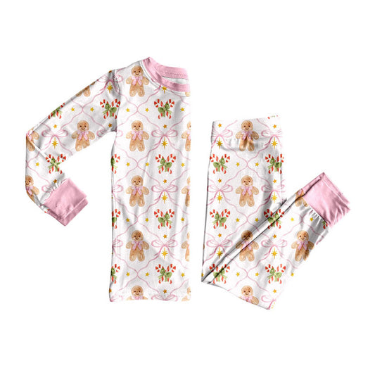 7.29 GLP3552 Preorder Gingerbread Bows Candy Cane Pink Print Long Sleeve Pants Girls Christmas Pajamas Clothes Set