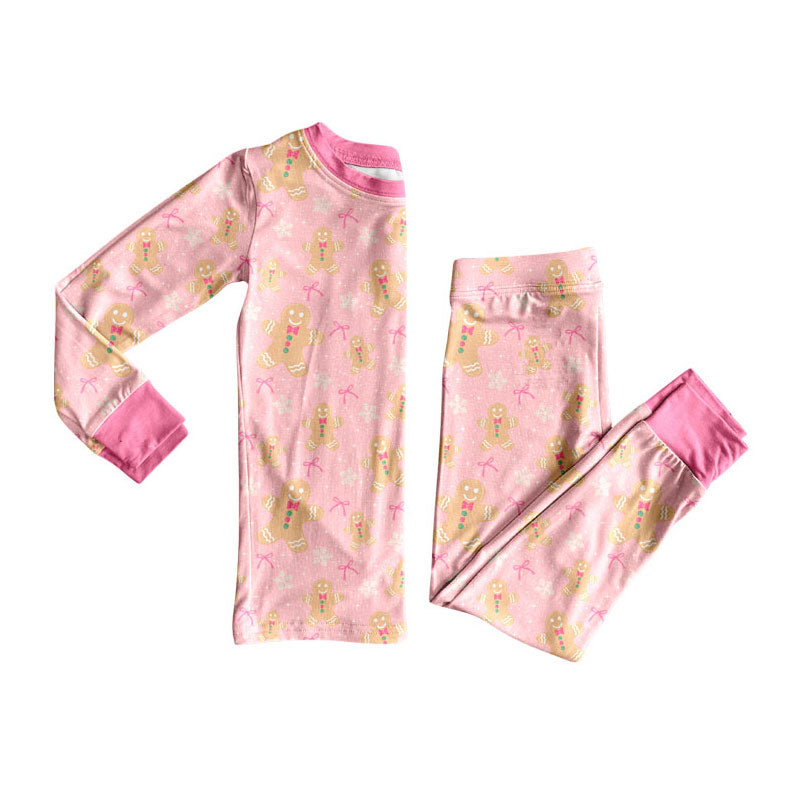 7.29 GLP3553 Preorder Gingerbread Bows Pink Print Long Sleeve Pants Girls Christmas Pajamas Clothes Set