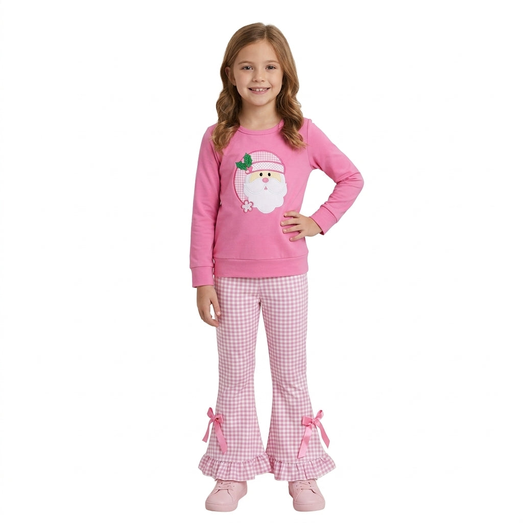 GLP3561 Santa Embroidery Hot Pink Top Checkered Bell Pants Girls Christmas Clothes Set