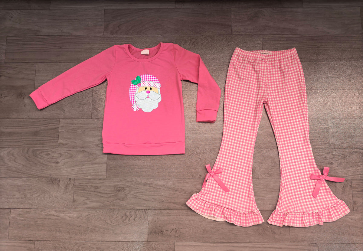 7.29  Preorder  Girls Pink Santa Long Sleeve Top with Gingham Flared Pants Outfit