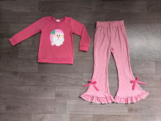 7.29  Preorder  Girls Pink Santa Long Sleeve Top with Gingham Flared Pants Outfit