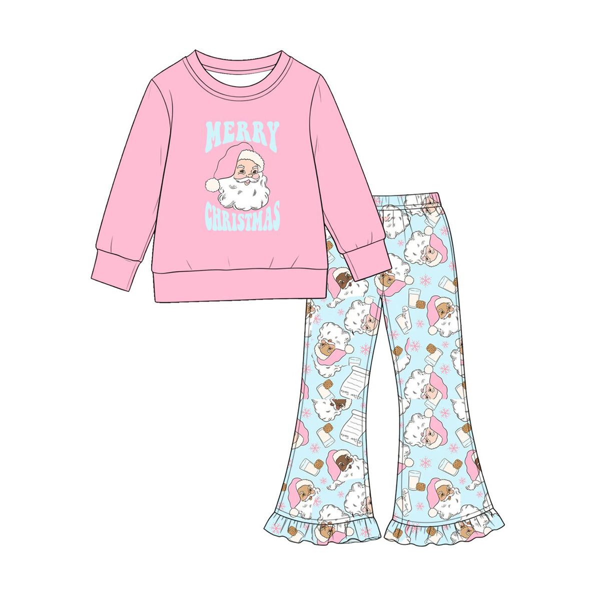 7.29  Preorder  Girls Merry Christms Long Sleeve Top with Gingham Flared Pants Outfit