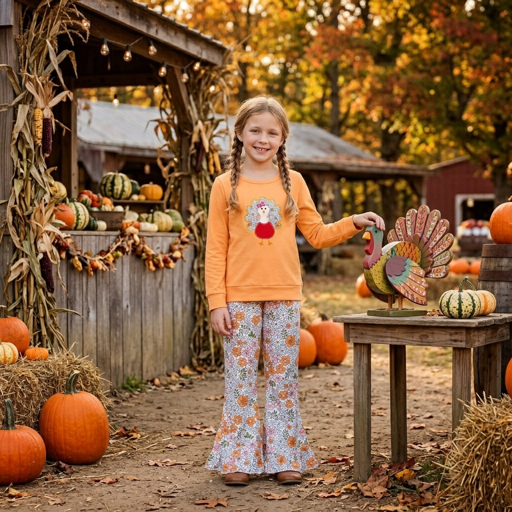 GLP3563 Turkey Embroidery Orange Top Flowers Bell Pants Girls Thanksgiving Clothes Set