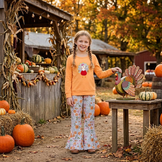 GLP3563 Turkey Embroidery Orange Top Flowers Bell Pants Girls Thanksgiving Clothes Set