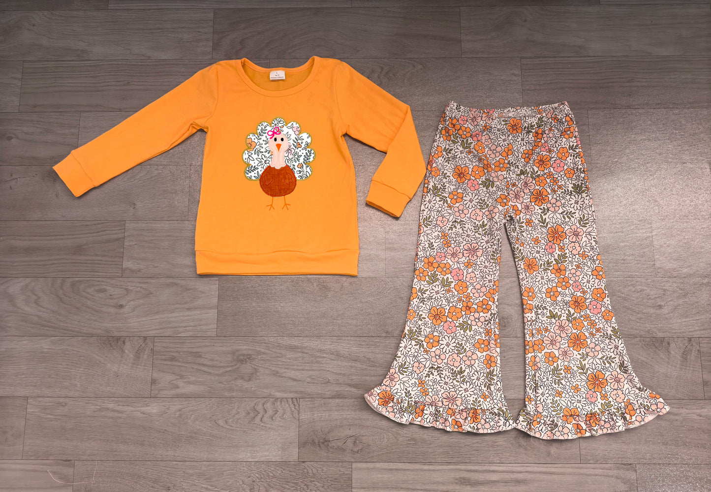 GLP3563 Baby Girls Embroidey Turkey Thanksgiving Floral Bell Bottom Pants Outfit