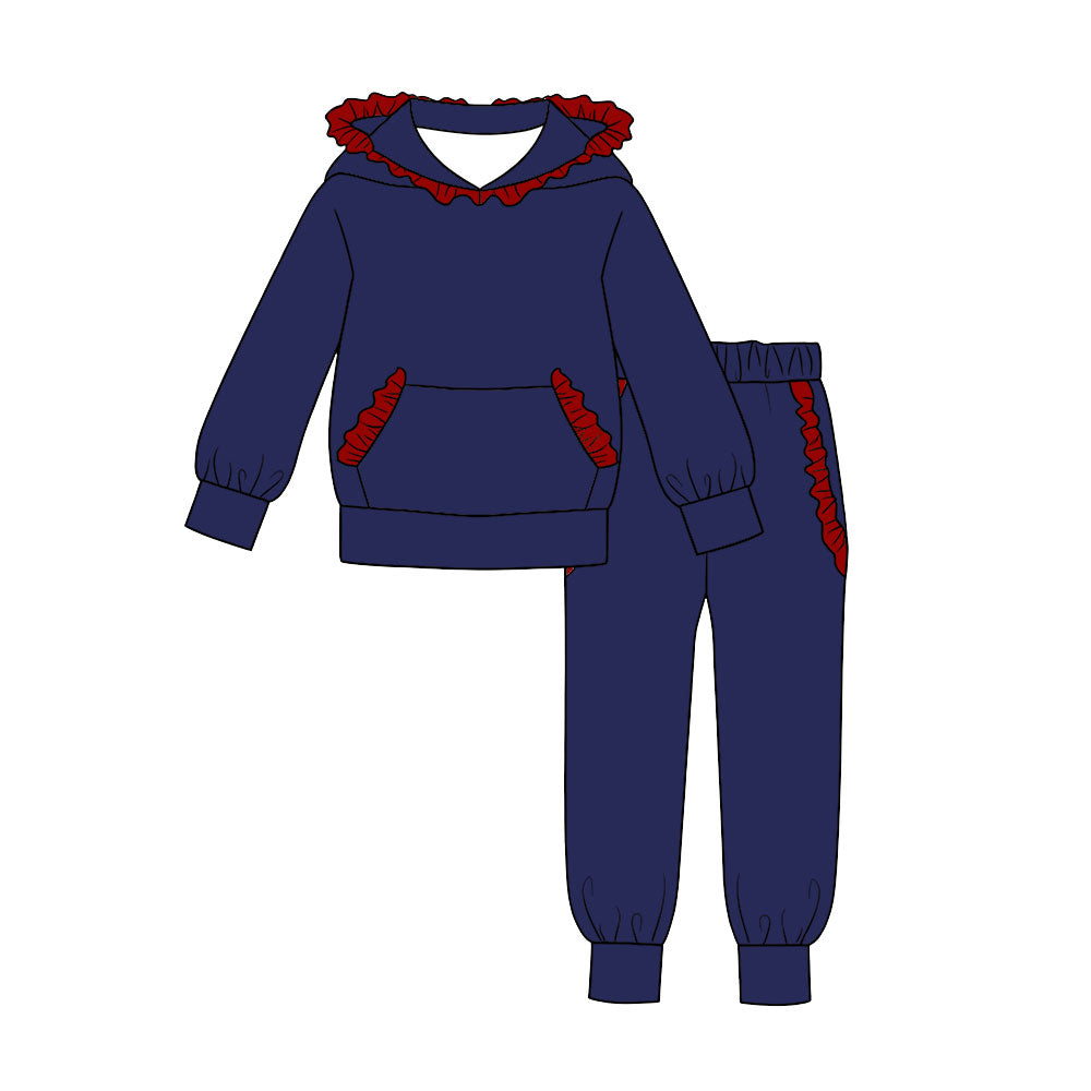 7.29  Preorder  Kids Girls Navy Hoodie Top with Red Ruffle +Jogger Outfit