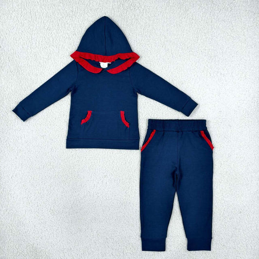 GLP3564 Navy Cotton Red Ruffles Hoodie Top Pockets Joggers Pants Girls Clothes Set