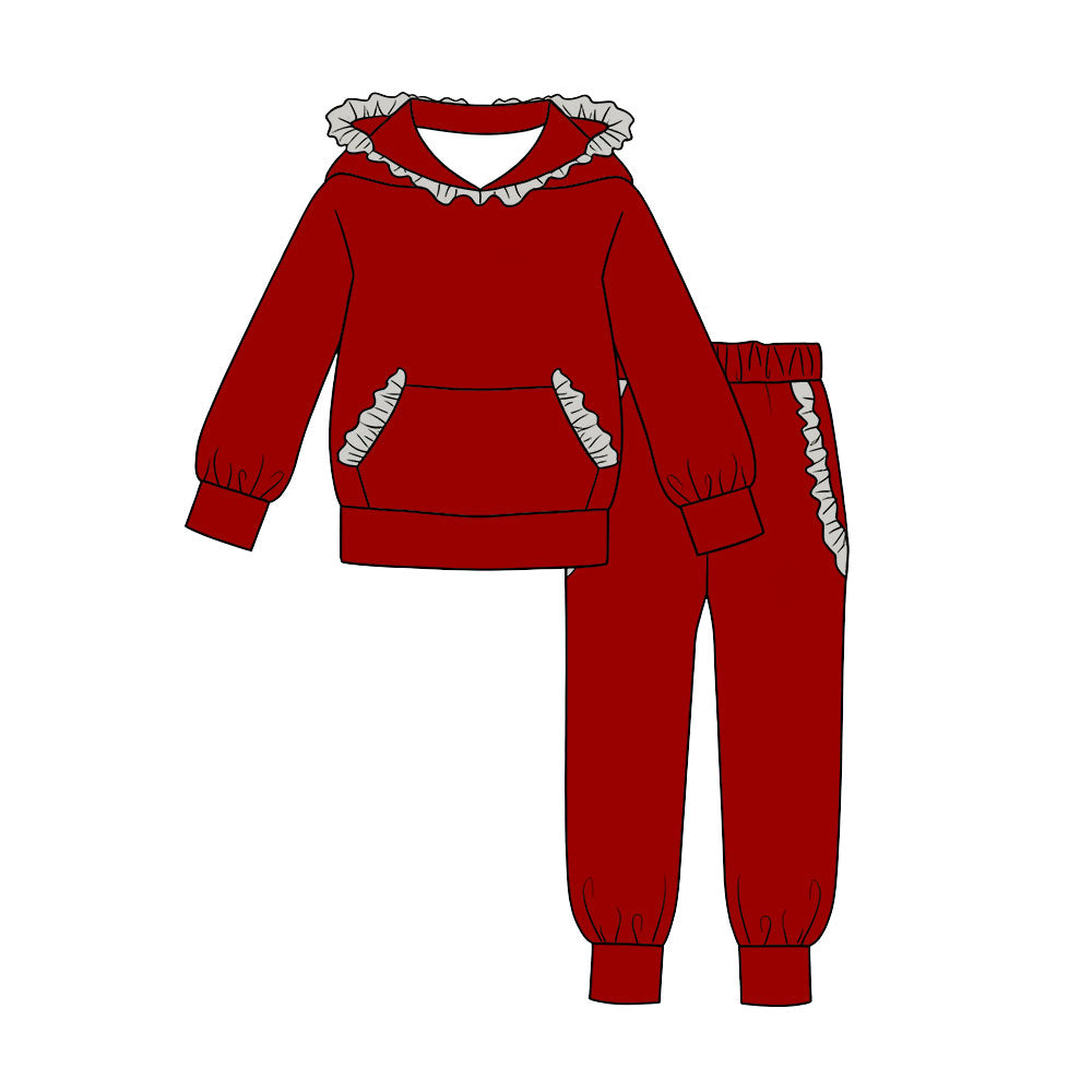 7.29  Preorder  Kids Girls Red Hoodie Top Grey Red Ruffle +Jogger Outfit