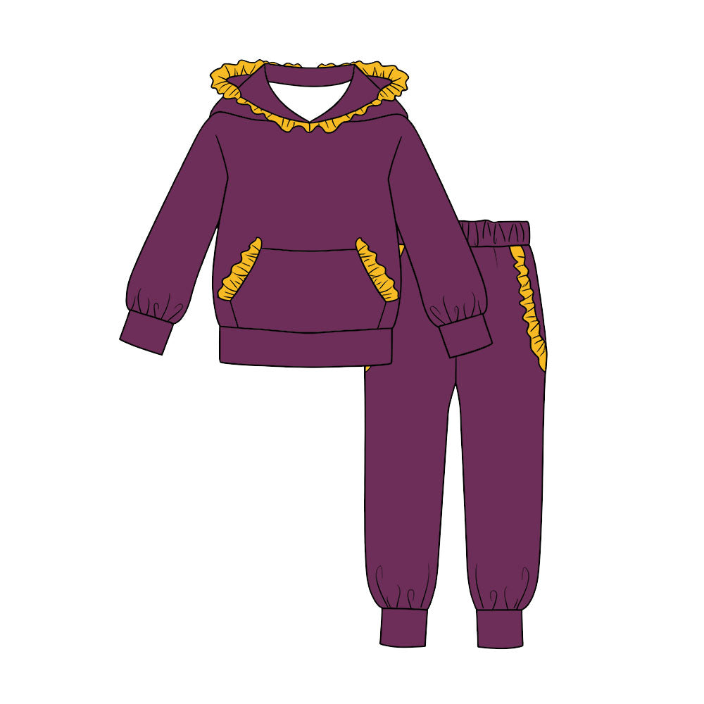 7.29  Preorder  Kids Girls Purple Hoodie Top with Grey Red Ruffle +Jogger Outfit