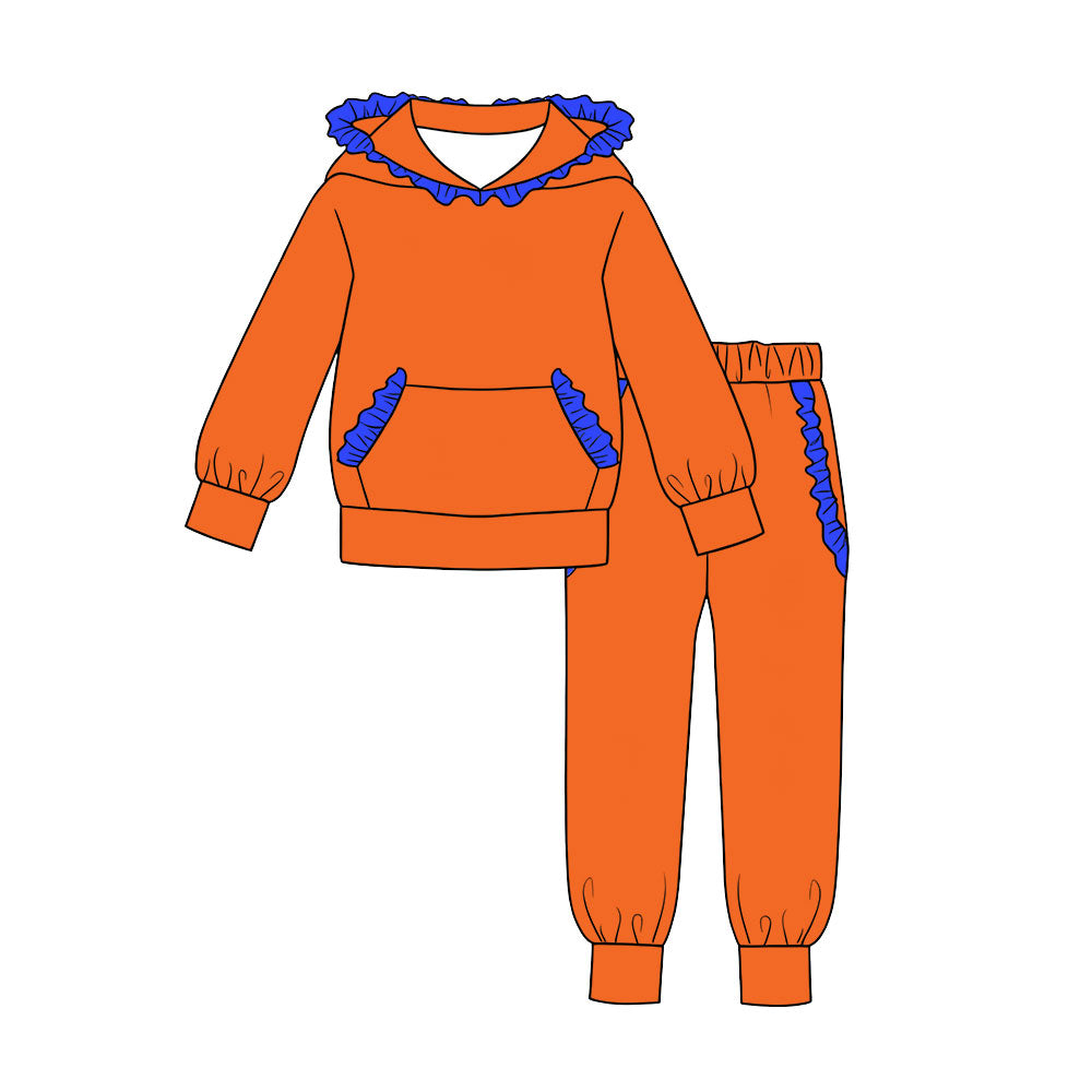 7.29  Preorder  Kids Girls Orange Hoodie Top with  Blue Ruffle +Jogger Outfit