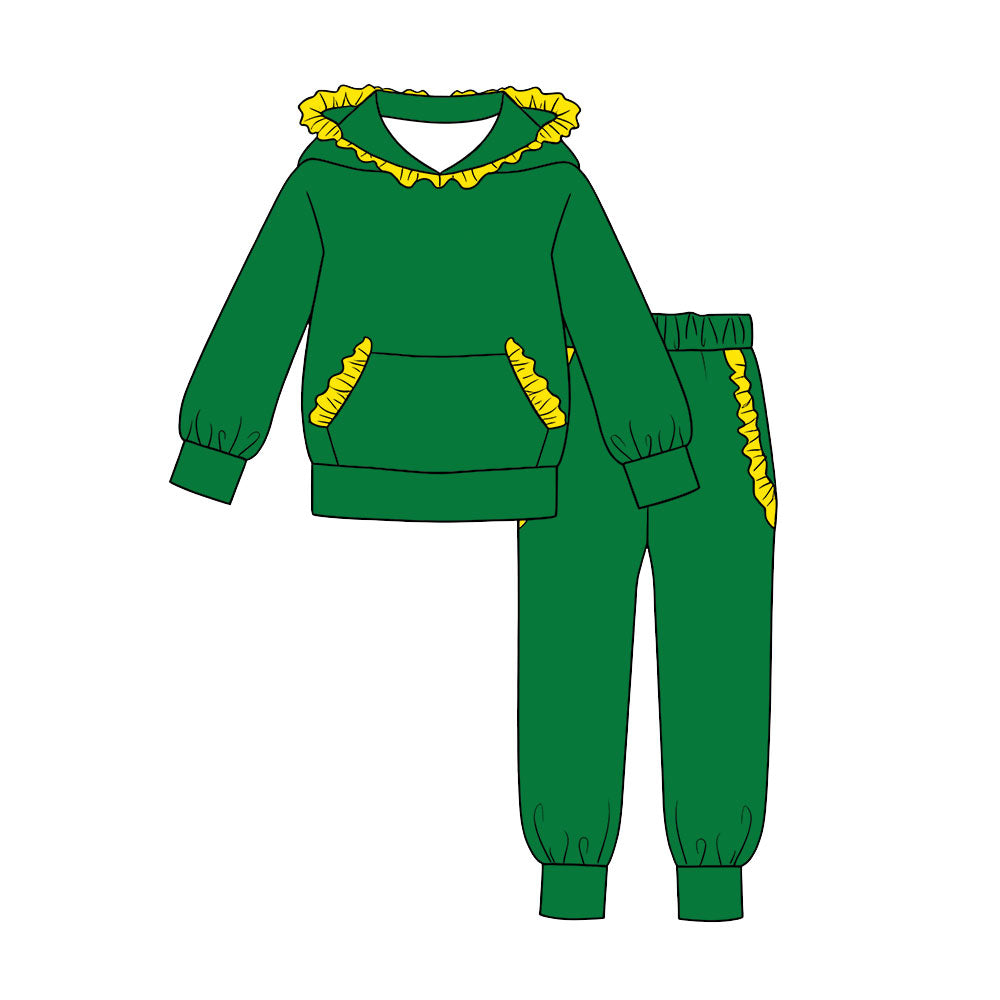 7.29  Preorder  Kids Girls Green Hoodie Top with Yellow Ruffle +Jogger Outfit