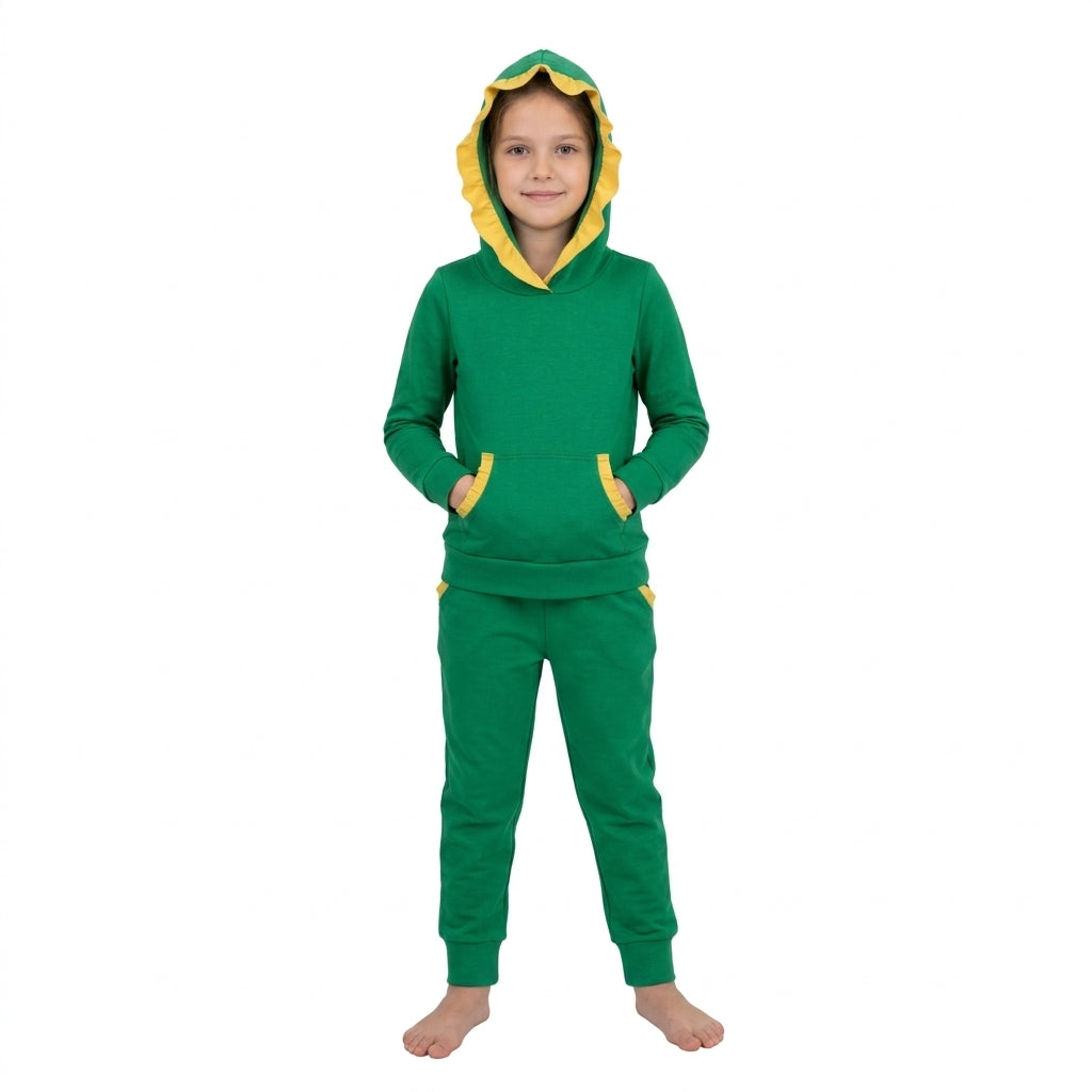 GLP3569 Green Cotton Yellow Ruffles Hoodie Top Pockets Joggers Pants Girls Clothes Set
