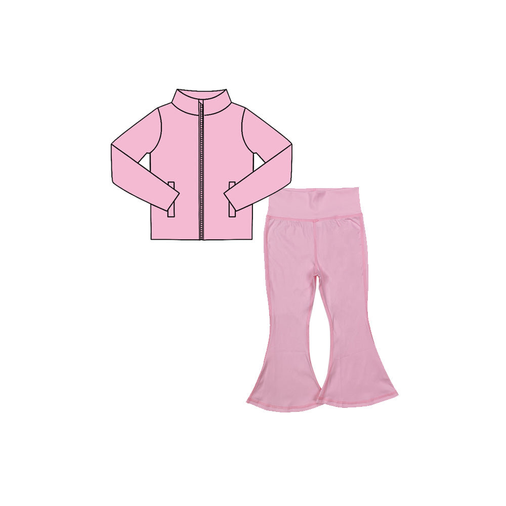 7.29  Preorder  Kids Girls Pink Solid Color Pullover Top with Bell Bottom Pants Active Outfit