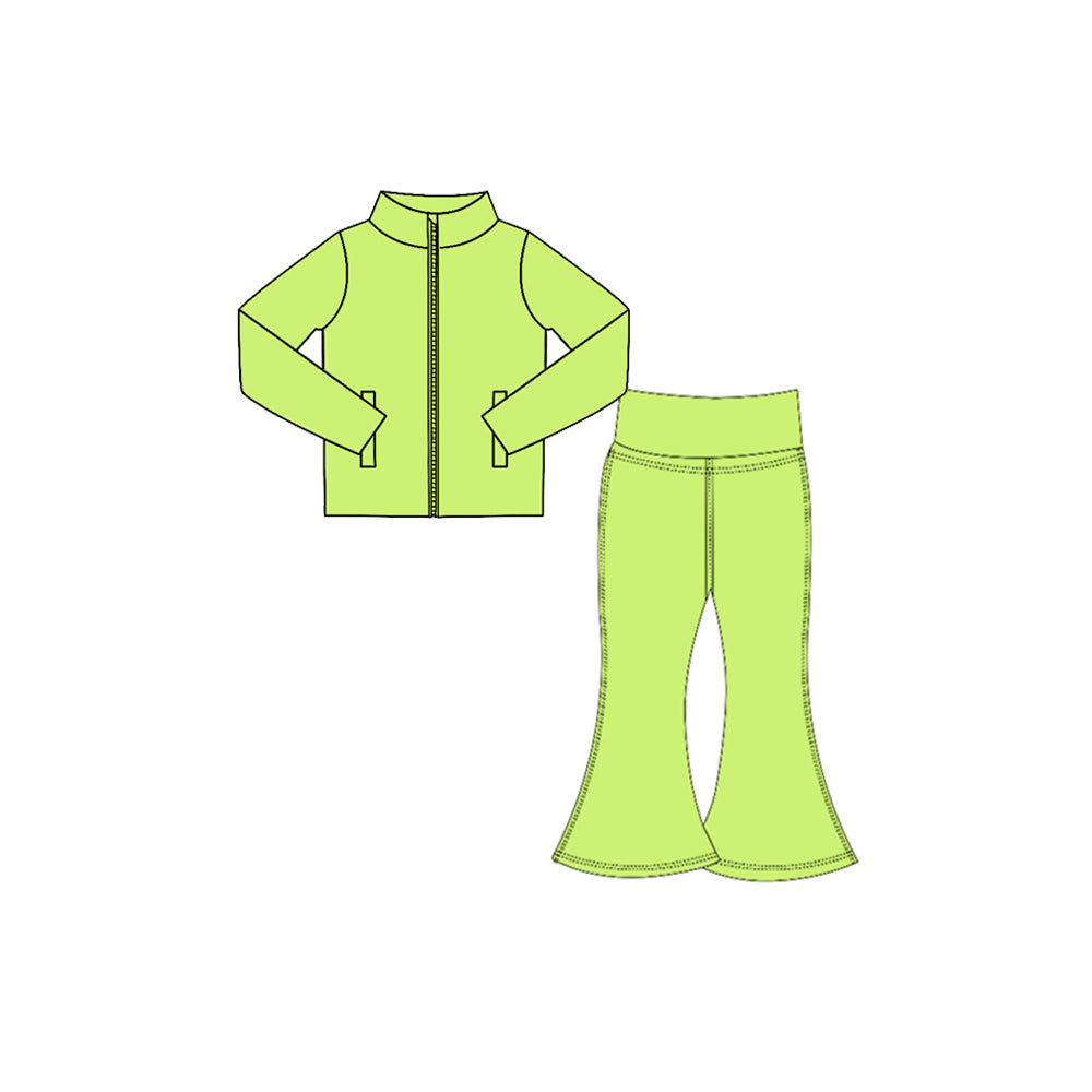7.29  Preorder  Kids Girls Green Solid Color Pullover Top with Bell Bottom Pants Active Outfit