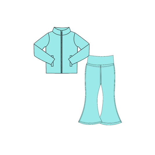 7.29  Preorder  Kids Girls Mint Green Solid Color Pullover Top with Bell Bottom Pants Active Outfit