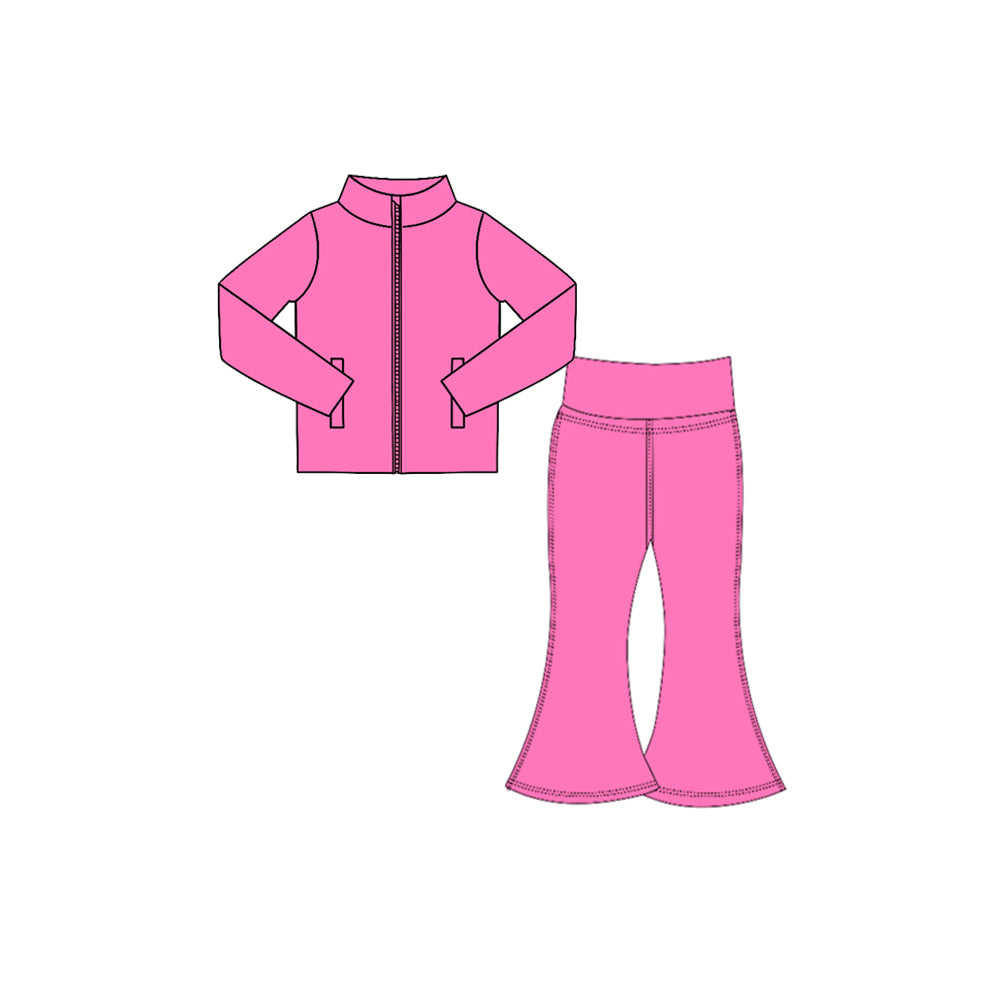 7.29  Preorder  Kids Girls Hot Pink Solid Color Pullover Top with Bell Bottom Pants Active Outfit