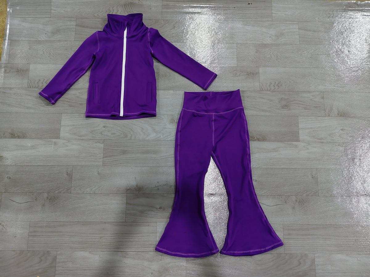 7.29  Preorder  Kids Girls Purple Solid Color Pullover Top with Bell Bottom Pants Active Outfit